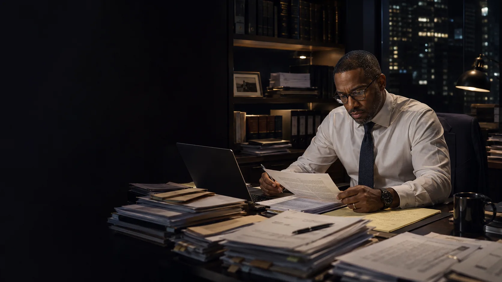 A litigator alone at a desk late at night, surrounded by stacks of paper files, city lights behind him