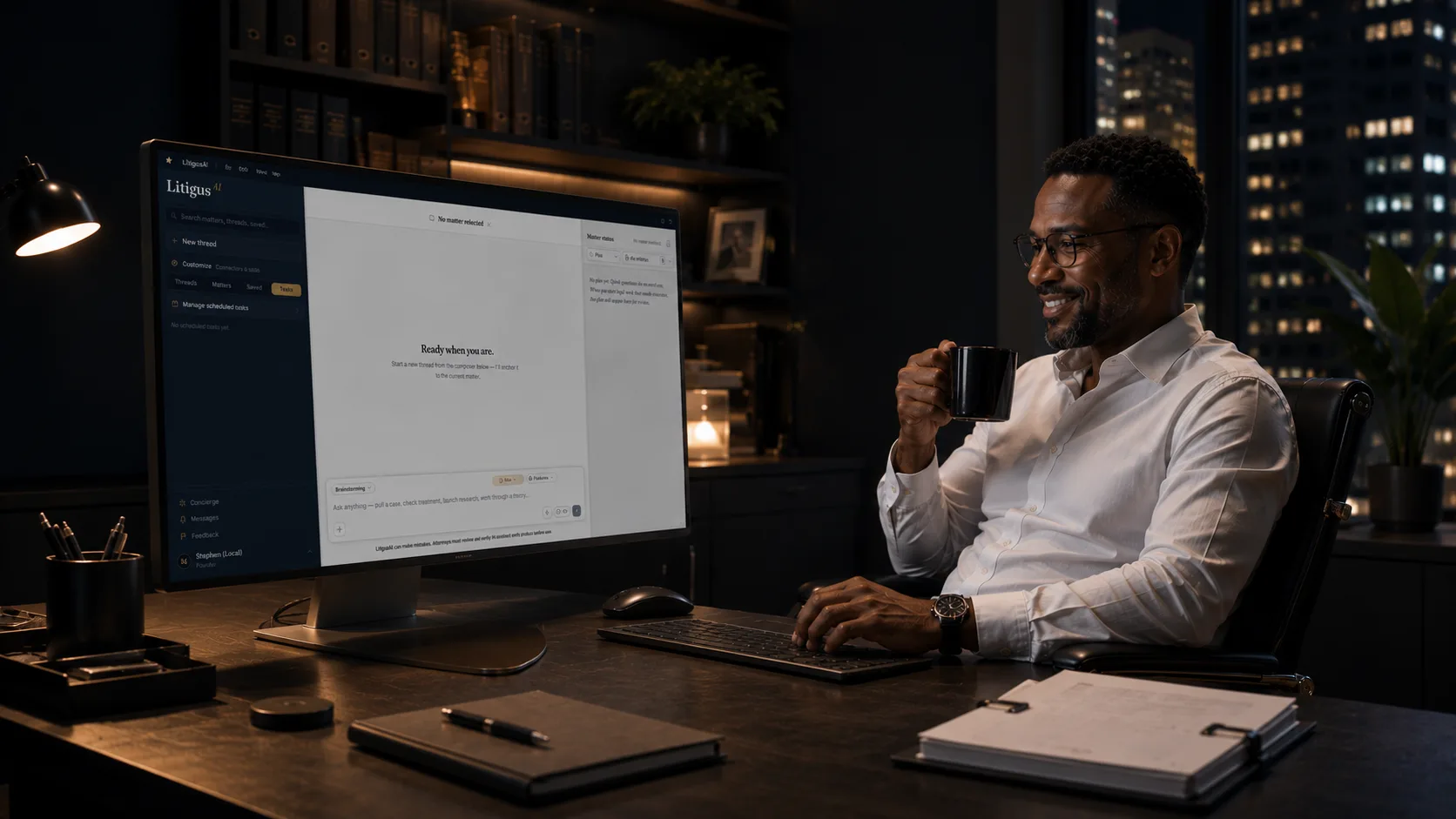 The same litigator, relaxed with a coffee, reviewing the LitigusAI workspace on his monitor